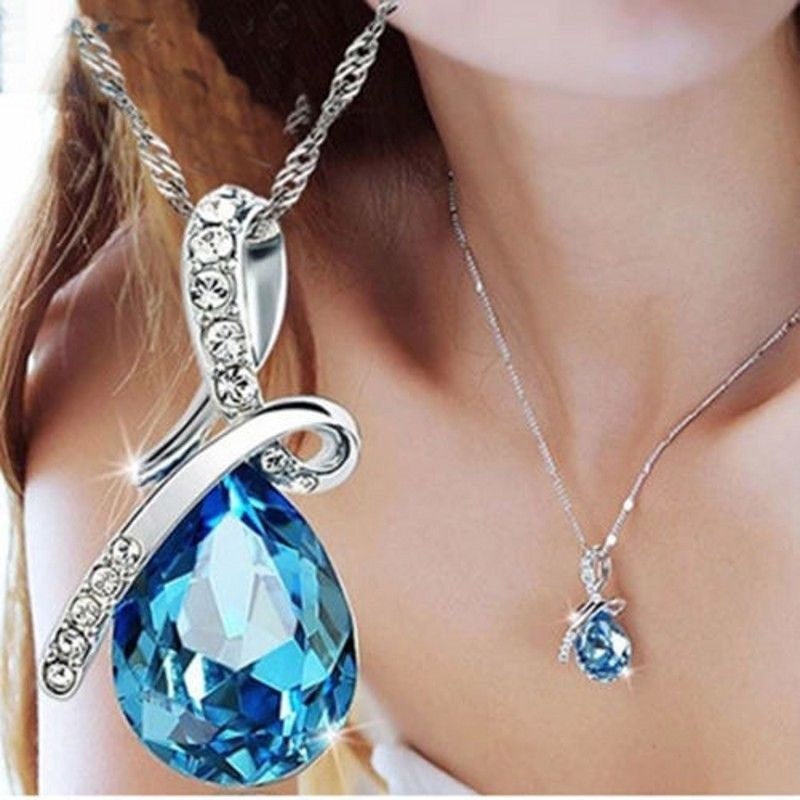 10% OFF on Sales- New Fashion Woman Natural Blue/Purple Teardrop Gem Stone Pendant-Silver Necklace