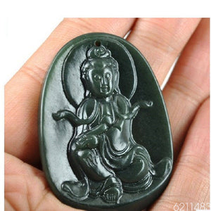 Certified Natural Green Hetain Jade HandCarved Kuanyin Pendant