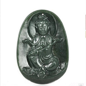 Certified Natural Green Hetain Jade HandCarved Kuanyin Pendant