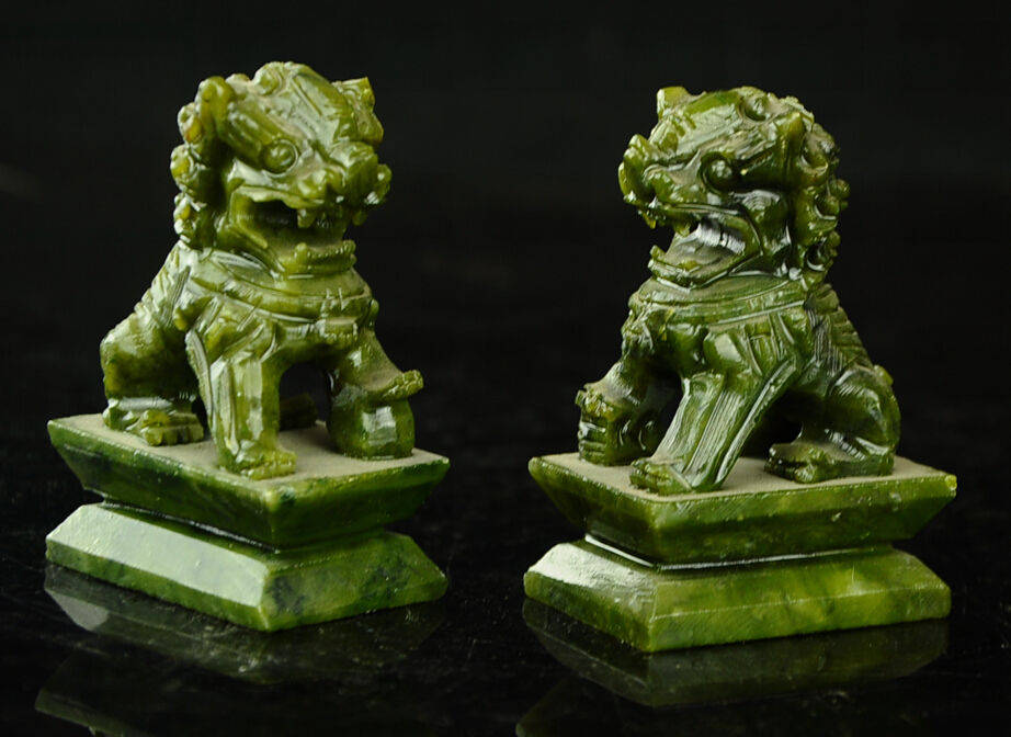 2 pcs- A Pair of Chinese Genuine Natural Green Jade HandCarved Lion Statues