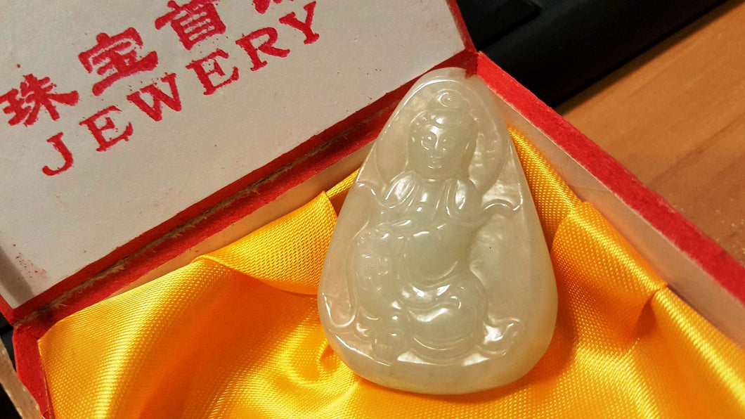 10% OFF- Certified Natural Hetain Emerald Jade Tablet Translucent Guanyin Pendant