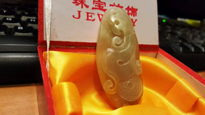 10% OFF- Certified Natural Hetain Emerald Jade Tablet Translucent Dragon Pendant