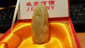 10% OFF- Certified Natural Hetain Emerald Jade Tablet Translucent Dragon Pendant