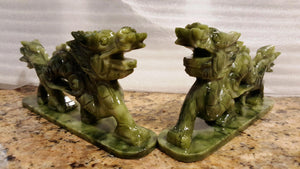 7''L- 2 pcs-A Pair of Chinese Genuine Natural Green Jade HandCarved Dragon Statues (Large)