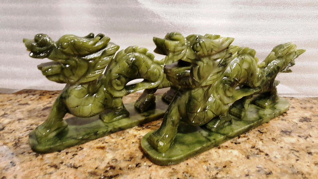 7''L- 2 pcs-A Pair of Chinese Genuine Natural Green Jade HandCarved Dragon Statues (Large)