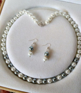 10% OFF- 18 in/460 mm L-Certified Natural Fine White Gray South Sea Shell Pearl Necklace + Earrings