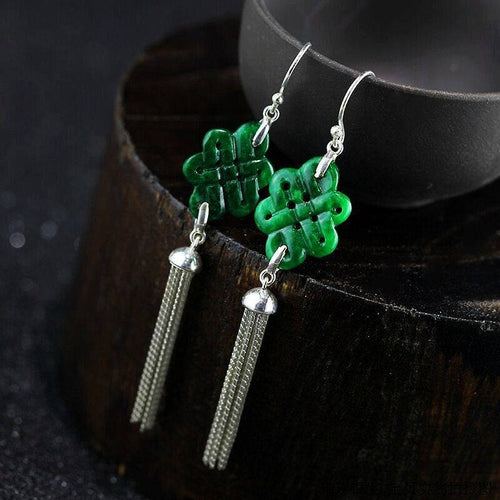 10% OFF- 2 pcs-Certified Natural Jadeite Emerald Jade A Pair of Chinese Endless Knot Tassels Jade Earrings《Grade A》