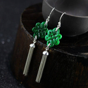 10% OFF- 2 pcs-Certified Natural Jadeite Emerald Jade A Pair of Chinese Endless Knot Tassels Jade Earrings《Grade A》