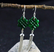 Load image into Gallery viewer, 10% OFF- 2 pcs-Certified Natural Jadeite Emerald Jade A Pair of Chinese Endless Knot Tassels Jade Earrings《Grade A》