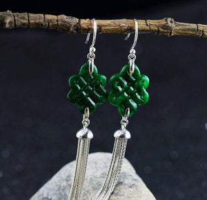 10% OFF- 2 pcs-Certified Natural Jadeite Emerald Jade A Pair of Chinese Endless Knot Tassels Jade Earrings《Grade A》