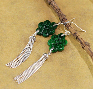 10% OFF- 2 pcs-Certified Natural Jadeite Emerald Jade A Pair of Chinese Endless Knot Tassels Jade Earrings《Grade A》