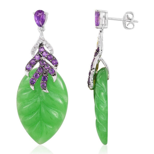 10% OFF- 2 pcs-Certified Natural Burmese Jadeite Emerald Jade A Pair of Burmese Jade Amethyst Leaf Earrings《Grade A》TGW 40.14 Ct