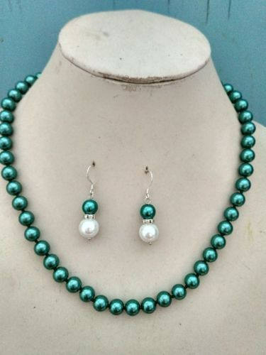 10% OFF- 18 in/460 mm L-Certified Natural Fine Green White South Sea Shell Pearl Necklace + Earrings