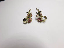 Load image into Gallery viewer, 10% OFF- 2 pcs-Certified Natural Pink Rhinestone Curled Leaf Earrings Gold Tone Screws Back