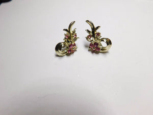 10% OFF- 2 pcs-Certified Natural Pink Rhinestone Curled Leaf Earrings Gold Tone Screws Back