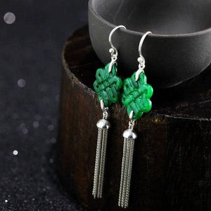 10% OFF- 2 pcs-Certified Natural Jadeite Emerald Jade A Pair of Chinese Endless Knot Tassels Jade Earrings《Grade A》