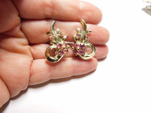 Load image into Gallery viewer, 10% OFF- 2 pcs-Certified Natural Pink Rhinestone Curled Leaf Earrings Gold Tone Screws Back