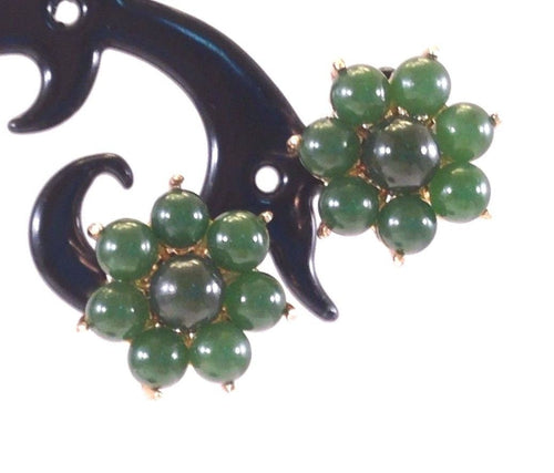 10% OFF- 2 pcs Certified Natural Jadeite Emerald A*Jade Handcarved A Pair of Lucky VTG Green Jade Flower Cluster Earrings