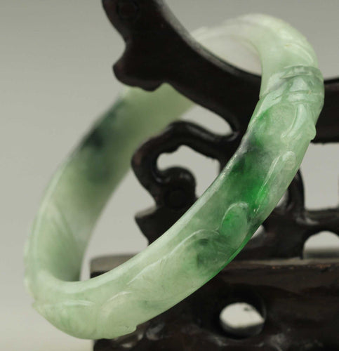 10% OFF- 52/53/54 mm Certified Natural Jadeite Emerald Jade Dragon Ruyi Flower Bangle《Grade A》NO.C187