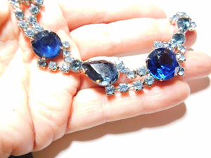 7 in/ 177.8 mm-Certified Natural Three Tone Blue Prong Set Rhinestone Bracelet Silver Tone Metal Vintage