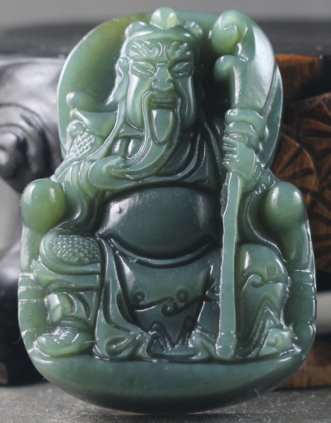 10% OFF- Certified Natural Emerald A*Jade Handcarved Guangong Pendant NO.X132