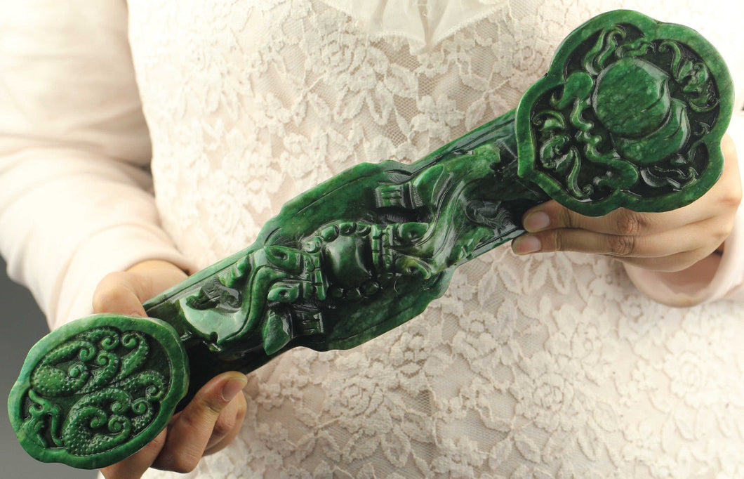 14.7in/37cm H- Chinese Genuine Natural Green Jade HandCarved Big Ruyi Statue NO.B387