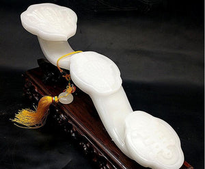 9.8in/25cm H- Chinese Genuine Natural White Jade HandCarved Big Ruyi Statue