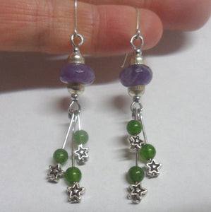 10% OFF- 2 pcs Certified Natural Lavender Jadeite Emerald A*Jade HandCarved A Pair of Lucky Jade Boho Spaceship Star Amethyst Earrings