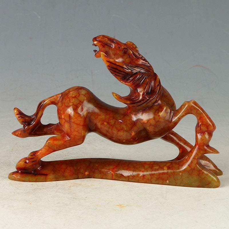 6.14''L-Chinese Antique Genuine Natural Red Jade HandCarved Lucky Horse Statue