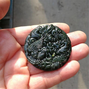 10% OFF- Certified Natural Black Green Emerald A*Jade HandCarved Dragon-Phoenix Pendant A87