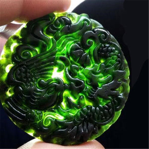 10% OFF- Certified Natural Black Green Emerald A*Jade HandCarved Dragon-Phoenix Pendant A87