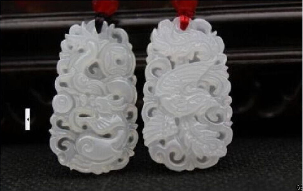 10% OFF- 2 pcs Certified Natural White Emerald A*Jade HandCarved Dragon-Phoenix Pendants A88