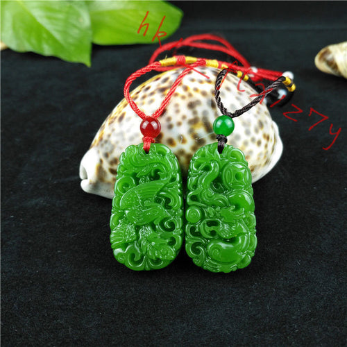 10% OFF- 2 pcs Certified Natural Green Emerald A*Jade HandCarved Dragon-Phoenix Pendants A88