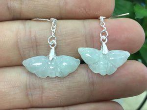 10% OFF- 2 pcs-Certified Natural Icy Jadeite Emerald A*Jade HandCarved A Pair of Butterfly Jade Earrings S925 Silver K1527