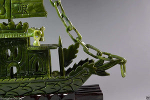 9.45in/240mm H- Chinese Genuine Natural Green Jade HandCarved Dragon Boat Statue