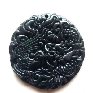 10% OFF- Certified Natural Black Green Emerald A*Jade HandCarved Dragon-Phoenix Pendant A87