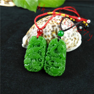 10% OFF- 2 pcs Certified Natural Green Emerald A*Jade HandCarved Dragon-Phoenix Pendants A88