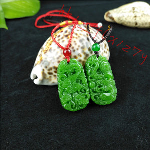 10% OFF- 2 pcs Certified Natural Green Emerald A*Jade HandCarved Dragon-Phoenix Pendants A88