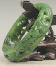 Load image into Gallery viewer, 10% OFF- 61/62/63mm Certified Chinese Natural Green Hetian Emerald A*Jade HandCaved Flower Hollowed Out Bangle NO.E691