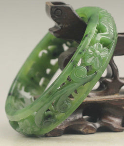 10% OFF- 61/62/63mm Certified Chinese Natural Green Hetian Emerald A*Jade HandCaved Flower Hollowed Out Bangle NO.E691