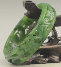 Load image into Gallery viewer, 10% OFF- 61/62/63mm Certified Chinese Natural Green Hetian Emerald A*Jade HandCaved Flower Hollowed Out Bangle NO.E691