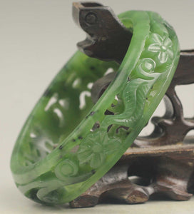 10% OFF- 61/62/63mm Certified Chinese Natural Green Hetian Emerald A*Jade HandCaved Flower Hollowed Out Bangle NO.E691