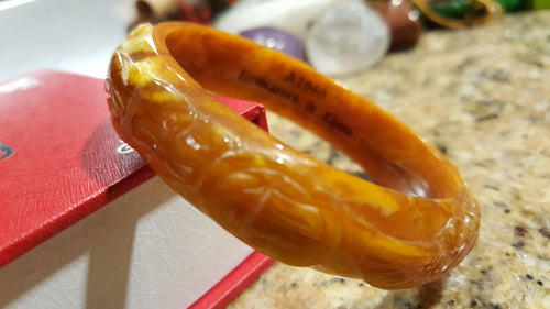 10% OFF- 53/54/55/56mm Certified Chinese Natural Red Yellow Jadeite Emerald A*Jade HandCaved Dragon-Phoenix Bangle A1940