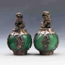 Load image into Gallery viewer, A Pair of Chinese Genuine Natural Green Jade HandCarved Silver Lion Statues (2pcs)