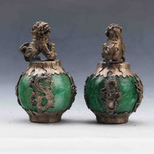 Load image into Gallery viewer, A Pair of Chinese Genuine Natural Green Jade HandCarved Silver Lion Statues (2pcs)