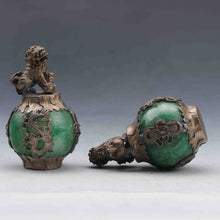 Load image into Gallery viewer, A Pair of Chinese Genuine Natural Green Jade HandCarved Silver Lion Statues (2pcs)