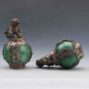 A Pair of Chinese Genuine Natural Green Jade HandCarved Silver Lion Statues (2pcs)