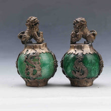 Load image into Gallery viewer, A Pair of Chinese Genuine Natural Green Jade HandCarved Silver Lion Statues (2pcs)