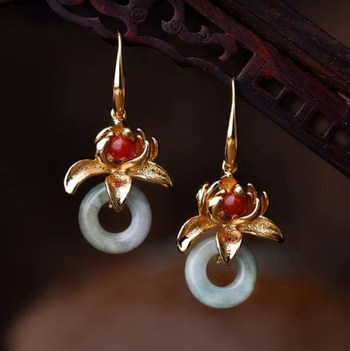 10% OFF- 2 pcs Certified Natural Jadeite Emerald A*Jade HandCarved A Pair of Beautiful Elegant Ethnic Yellow Gold Tone Red Jade Earrings