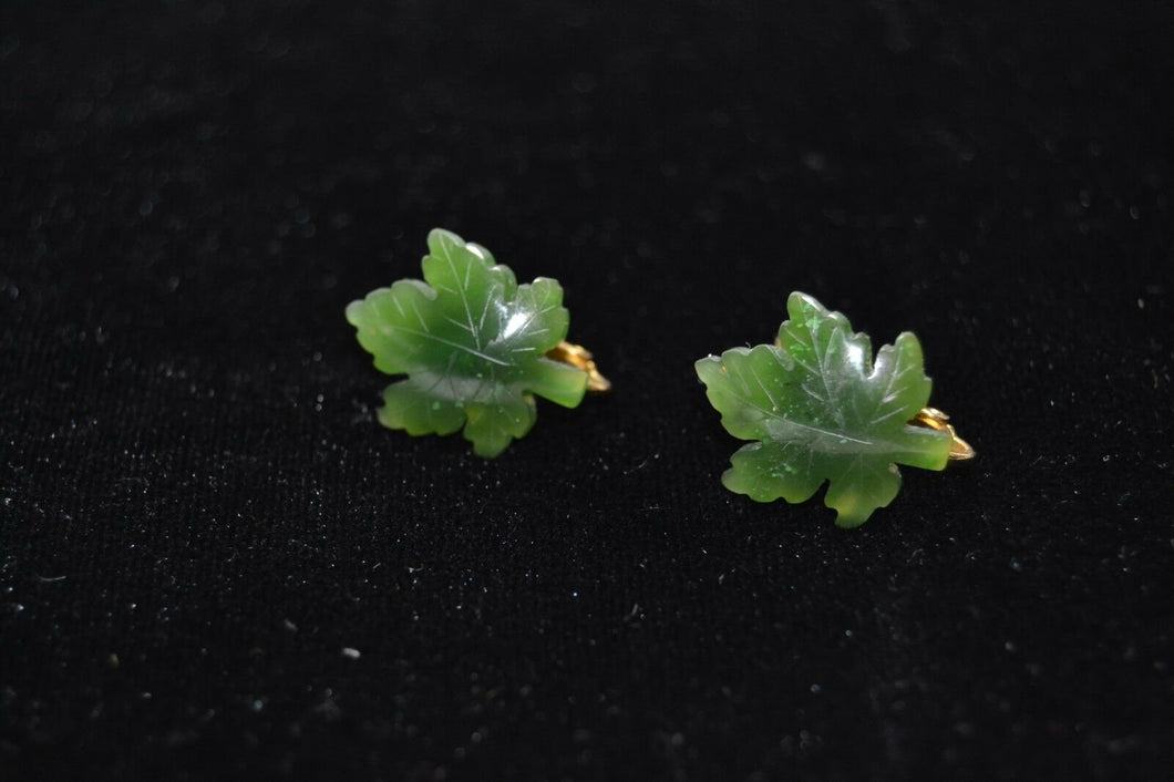 10% OFF- Vintage Certified Natural Jadeite Emerald A*Jade Handcarved A Pair of Lucky Maple Leaf Jade Stud Earrings